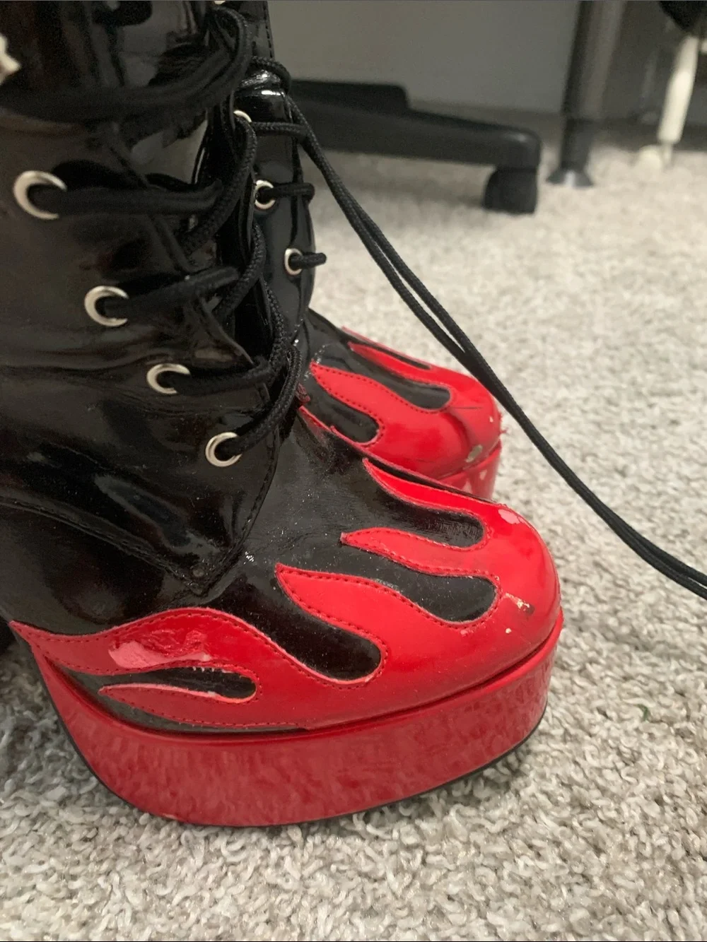 Teaser Black and Red Flames Platform Lace-Up Boots